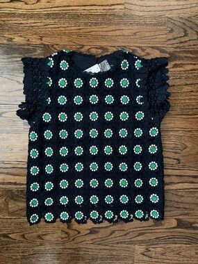 NWT J. Crew Crocheted Floral Lace Accent Top with Green & White Details